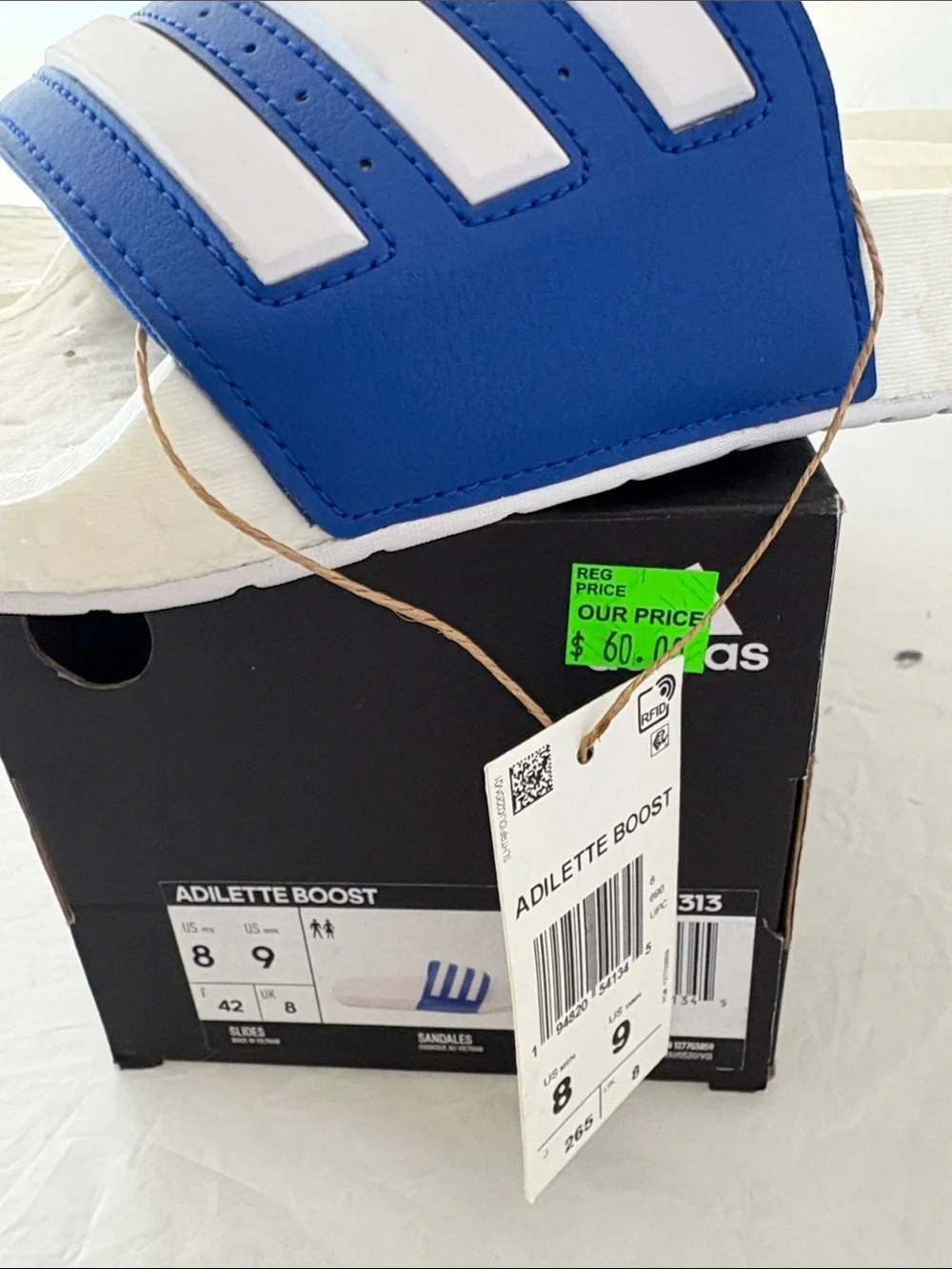 New Adidas Men’s Adilette Boost Slide Sandals - Blue/White Size 8 m / 9 w